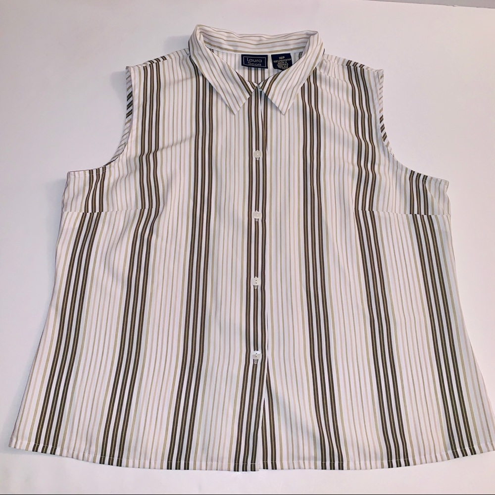 90s Y2K Vintage Laura Scott Sleevelss Ivory Green Striped Button Down Top Sz 16P